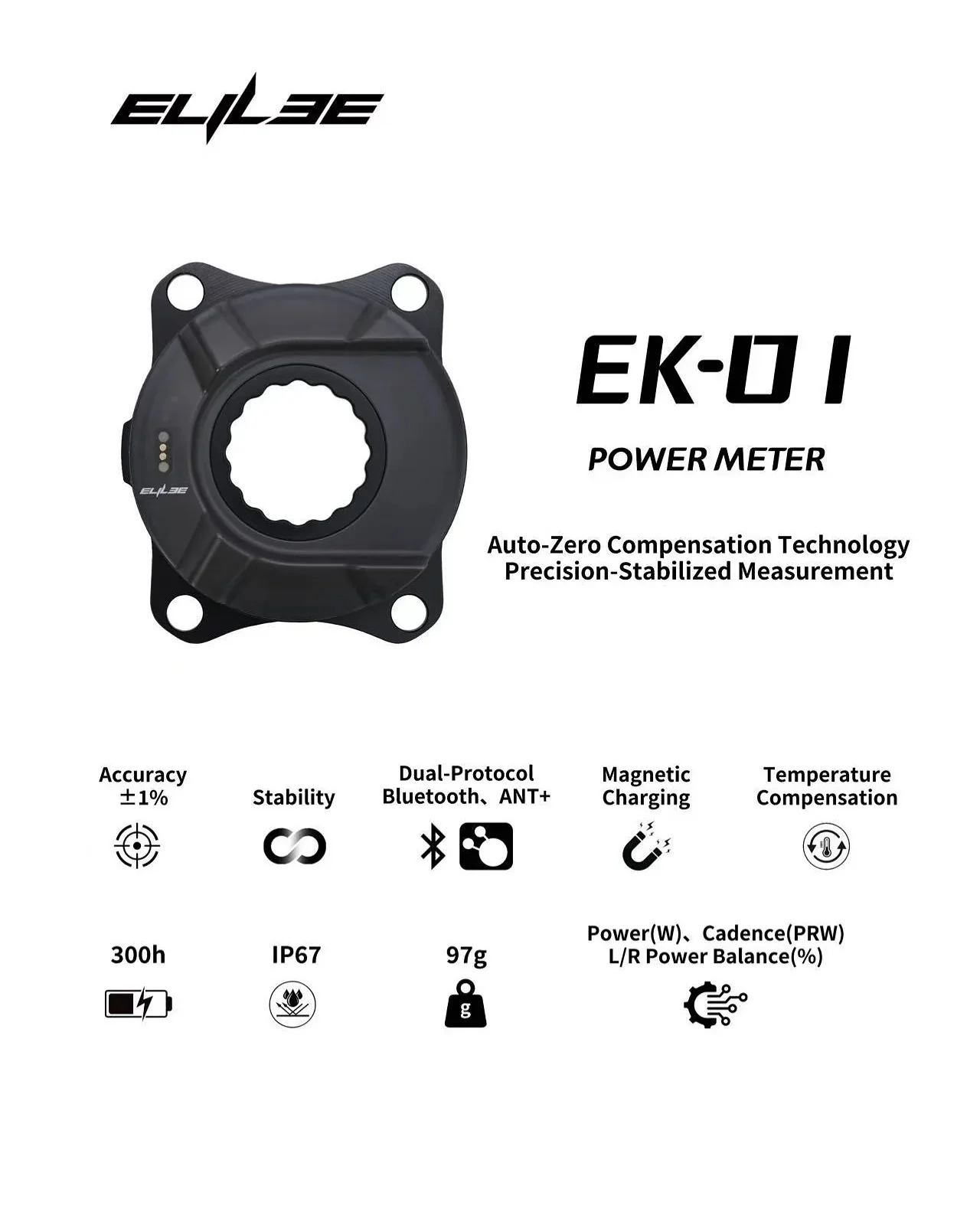 Elilee marketing spec sheet for the EK-01 Power Meter — Accuracy ±1%, Stability, Bluetooth + ANT+ dual protocol, Magnetic charging, Temperature compensation, 300h battery, IP67, 97g, Power / Cadence / L/R balance broadcast