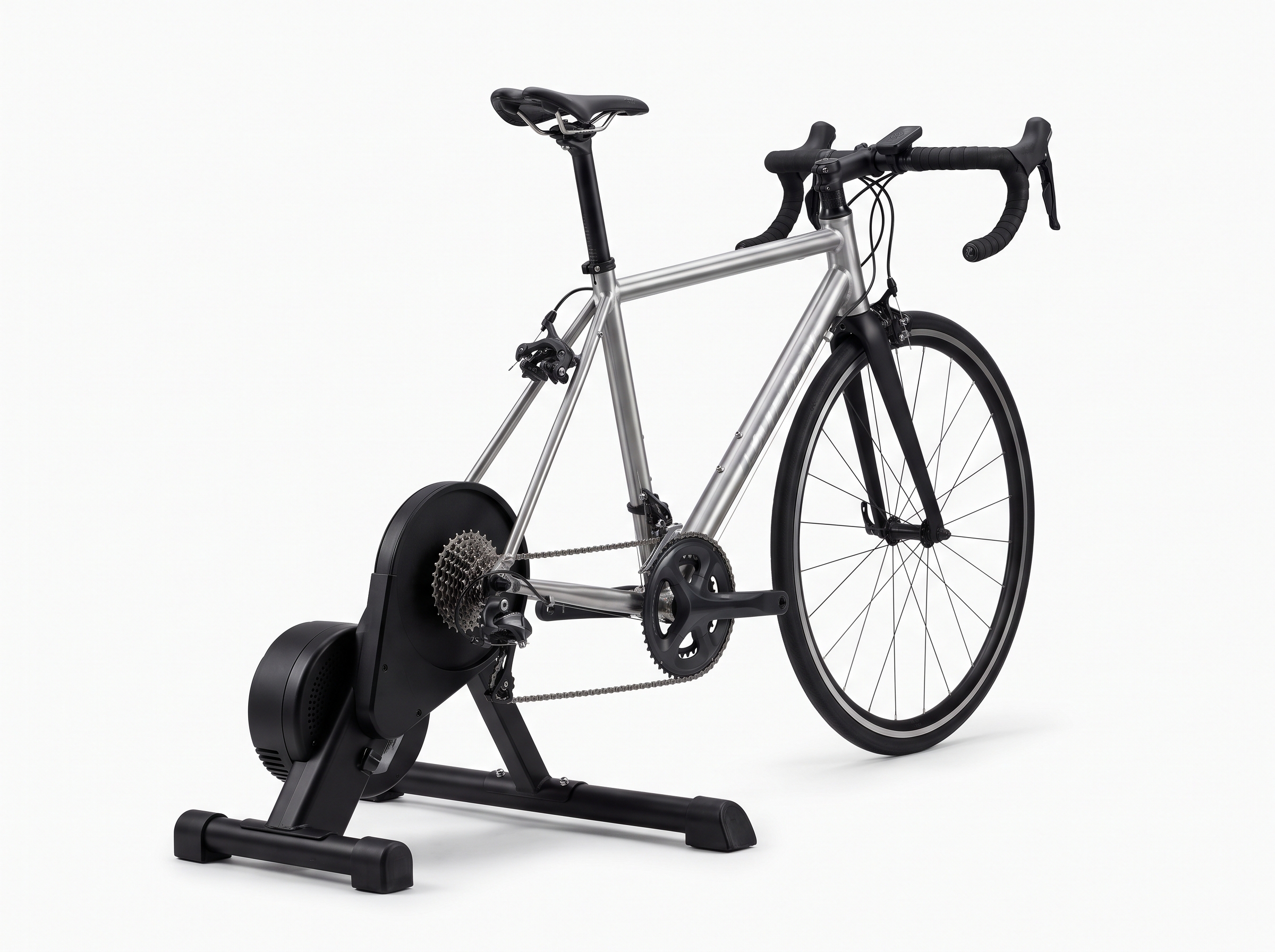 JetBlack Victory with road bike attached, showing Zwift Cog v2 cassette and Zwift Click controller on the handlebar