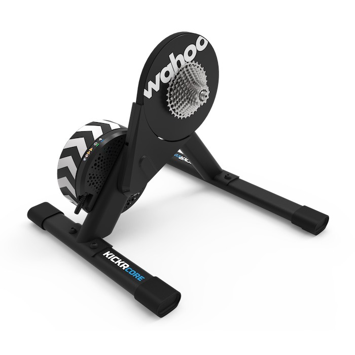 Wahoo KICKR Core 2 — full product view showing the white/chevron flywheel, redesigned flat legs, and new status LED panel