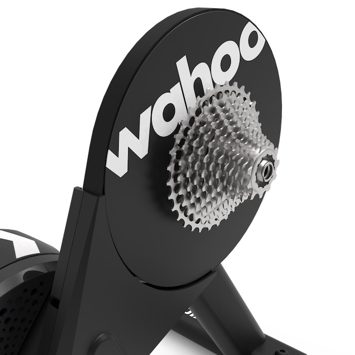 Wahoo KICKR Core 2 — close-up of the pre-installed 11-speed Shimano HG cassette on the white flywheel